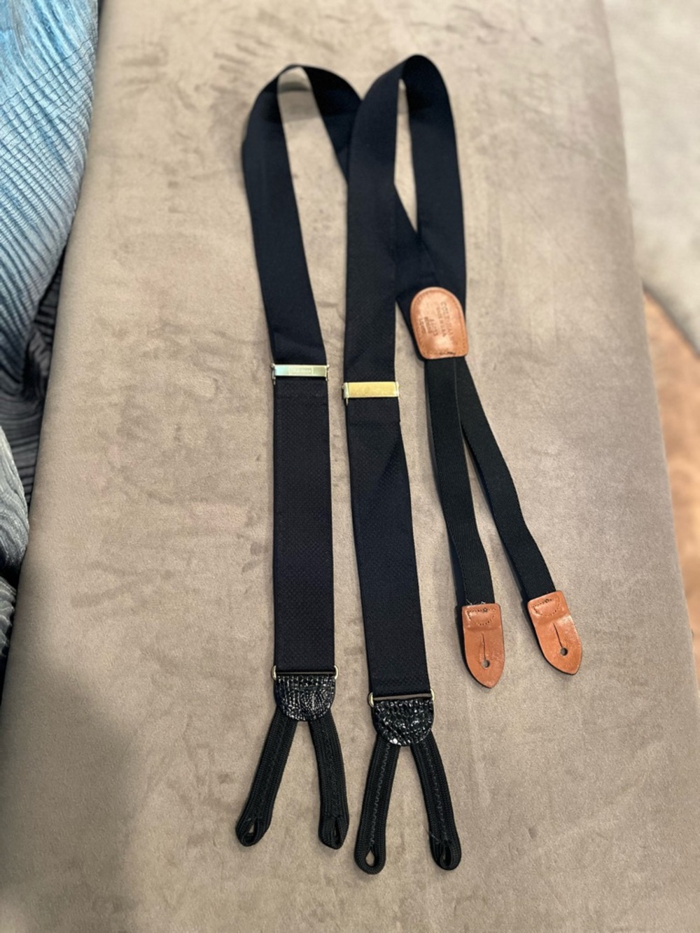 Cole Haan Black Lizard Elastic Button Suspenders with Tan Leather Patch
